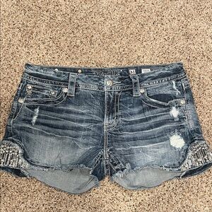 Miss Me Signature Distressed Denim Shorts with Sequin & Bling Trim size 31